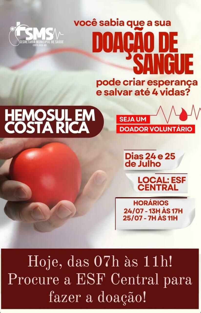 Imagem de compartilhamento para o artigo Hemosul de Costa Rica realiza campanha de doação de sangue no  ESF Central da MS Todo dia